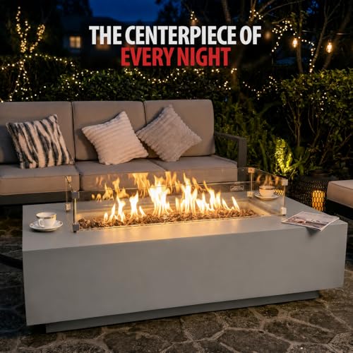Image of AMS Creations | Madison 60 inch Rectangular Propane Gas Outdoor Fire Pit Table | Light Gray Concrete GFRC | Smooth Texture or Surface | Electronic Ignition | Outside Backyard Fireplace