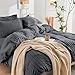 HYMOKEGE Dark Grey Duvet Cover Queen Size, Ultra Soft 3-Piece Seersucker Duvet Cover Set with Zipper Closure, Soft Brushed Microfiber Bedding Set with 8 Corner Ties (90