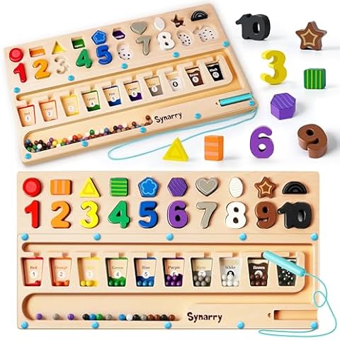 SYNARRY 3 in 1 Montessori Toys for 3+ Year Old, Educational Magnetic Color and Number Maze, Shape & Number Wooden Puzzle Counting Learning Toys for Toddlers 2-4 Years, Preschool Learning Activities Cover