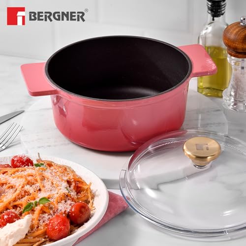 Image of Bergner Excalibur Lightweight Cast Iron Dutch Oven /Biryani Pot /Casserole with Glass Lid, 24cm /4L, Non-Stick Coating, PFAS Free, Elegant Design, Silicone Grips, Induction and Gas Stove Ready (Pink)
