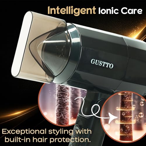Image of GUSTTO Foldable Hair Dryer, 1100W, 2 Heat and Speed Settings, Compact Travel Size with Hanging Ring (Hexagonal Black), BIS Certified