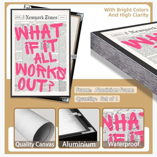 Image of Drimiler Retro Newspaper Pink Font Poster What If It All Works Out Canvas Wall Art Positive Affirming Quote Minimalist Prints Painting For Home Bedroom Dorm Wall Decor 16x24in Framed
