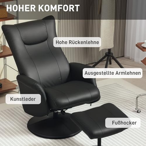 HOMCOM Relaxsessel mit Hocker 360°Drehbarer Fernsehsessel mit Liegefunktion Ruhesessel mit Verstellbar Rückenlehne TV-Sessel bis 150 kg belastbar für Wohnzimmer Kunstleder, Schwarz – Bild 6