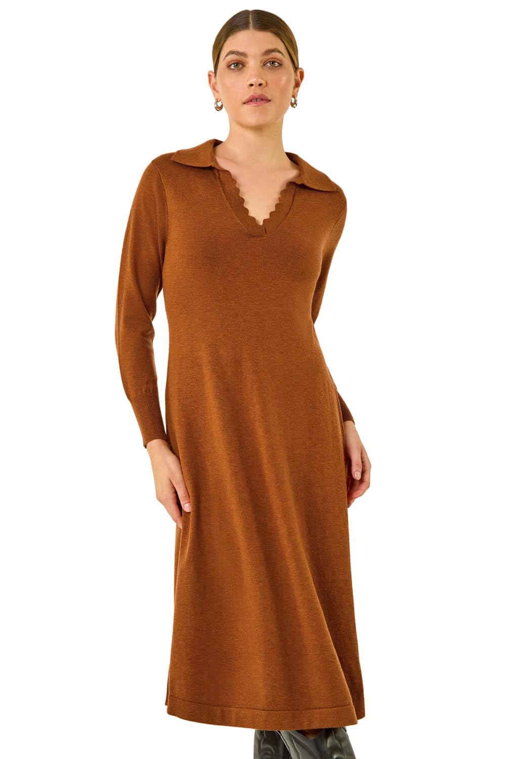 Roman Women's Copper Originals Scallop Detail Knitted Midi Dress For Uk - Everyday Autumn Winter V-Neckline Comfy Soft Evening Vacation Work Party Night Out - Size 16