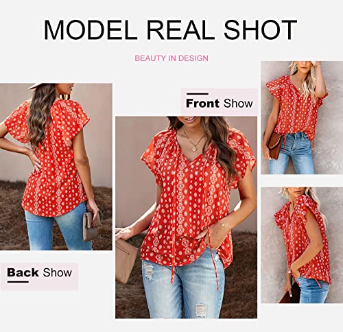 Dokotoo Women's Casual Boho Floral Printed V Neck Tops Drawstring Short Long Sleeve T Shirt Blouses - Image 5