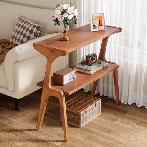 Tribesigns Solid Wood Side Table, Tall Narrow End Table with Storage Shelves, 2-Tier Skinny Couch Side Table for Living Room, Modern Slim Bedside Table, Nightstands for Bedroom, Cherry