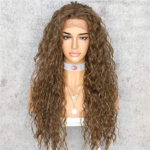 WIGODDESS Light Brown Curly Lace Front Wig, Curly Wig Daily Makeup Party Wig Perruque Heat Resistant Hair 26 inch Synthetic Lace Front Wig Curly Lace Front Wig For Women