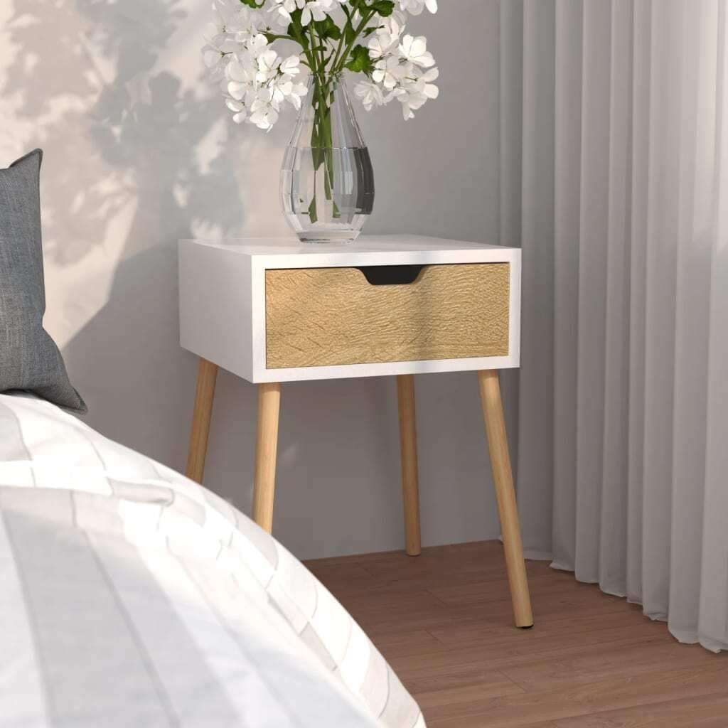 INTRAHAUS Modern White Bedside Table with 2 Drawers & Wooden Legs | Compact Nightstand for Bedroom | Scandinavian Style Side Table with Storage for Home Living Room (White Biege, 1 Drawer)