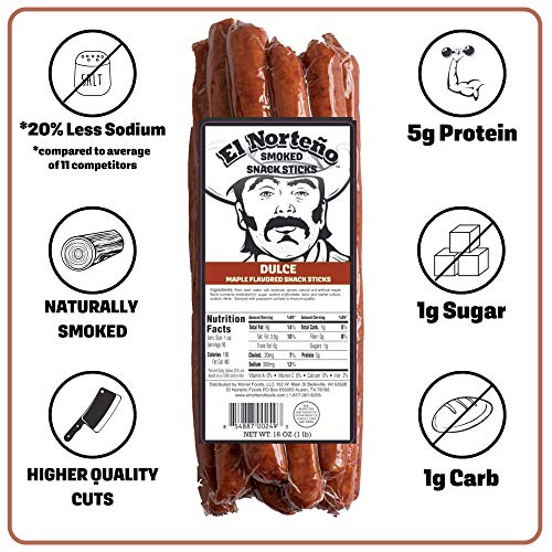 Bulk Maple Meat Sticks - "One Pounder" Jerky Snack Sticks by El Norteño - Low Carb, Low Sugar, Gluten and MSF Free, Wood Smoked, Made in the USA (1lb Maple Snack Sticks)