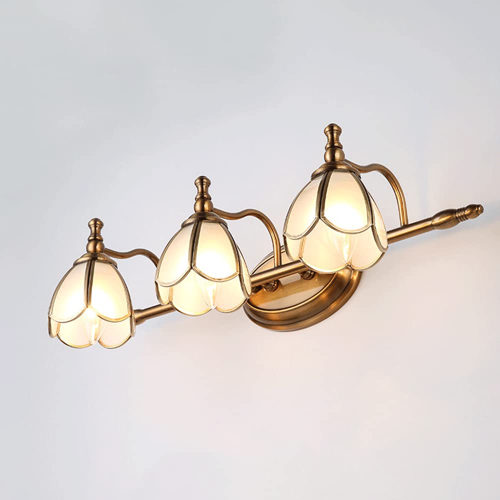 CWCQGH Wall Sconces, Farmhouse Vanity Lights Bathroom Light Fixtures, Flower-Shape Glass Shade Wall Vanity Lamps, Rustic Wall Mount Light Metal Sconce for Mirror Cabinet Dressin,Glass-3 lights