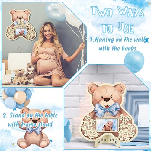 Image of Wenqik 63 Pcs Bear Baby Shower Guest Book Alternatives Set Baby Shower Decorations with Photo Frame Sonogram Frame Keepsake 60 Wood Slices Guest Book for Birthday