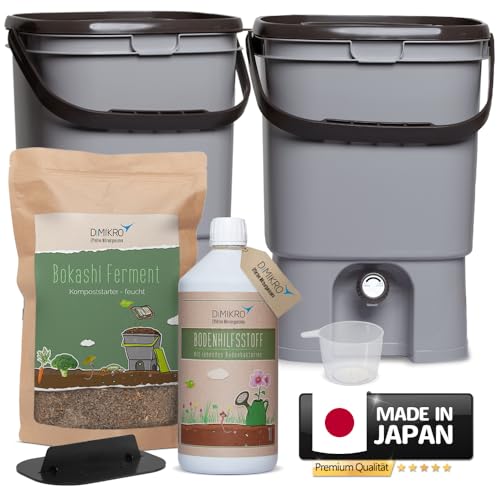 Bokashi Eimer Starterset - Japanisches Design - 2 Eimer (grau) +...