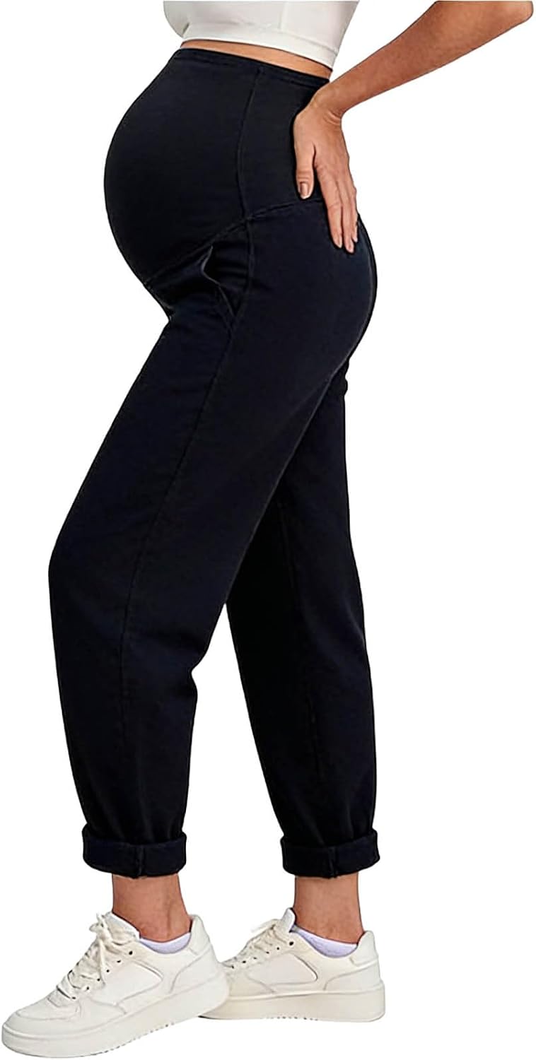 Maternity Straight Leg Jeans High Stretchy Belly Pregnant Soft Denim Pants Casual Work Cuffed Hem Trousers with Pockets