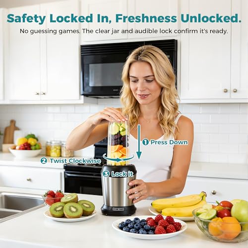 Image of NEWBULIG Smoothie Blender for Kitchen, Blenders for Smoothies with 17 24 34 oz BPA-Free Portable Cups, Small Blender Personal Smoothie Maker with Safety Lock, Crushing, Grinding, Mixing, Silver