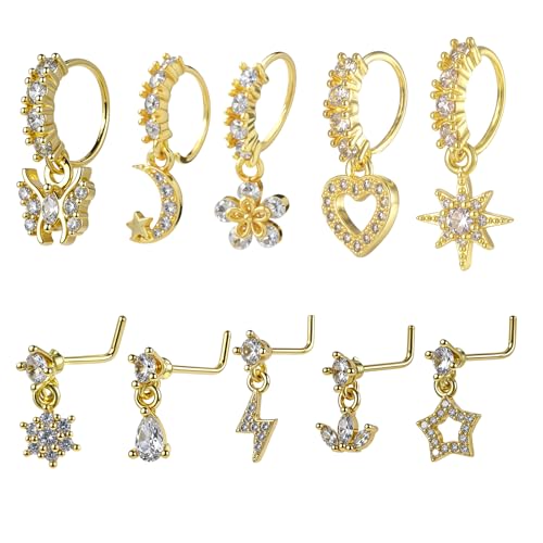 10 Pcs Dangle Nose Ring Hoop 20g Cz Flower Star Moon Butterfly Crown Nose Rings with Charm L Shaped Dangling Noses Stud Cute Indian Piercing Jewelry Cartilage Earring For Women