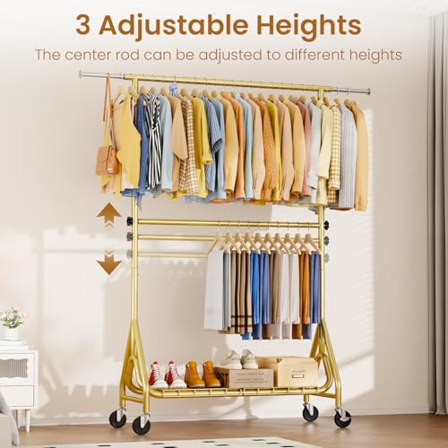 Image of Double Rods Clothing Rack, Heavy Duty Clothes Rack for Hanging Clothes Load 560LBS, Metal Rolling Garment Racks with Wheels, Freestanding Clothes Hanging Racks, Gold