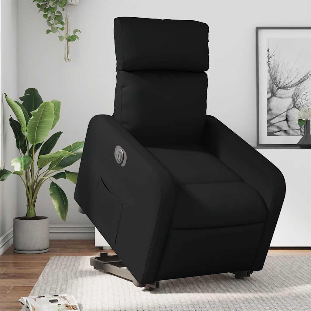 Sillón elevador reclinable eléctrico de piel sintética negra con función de elevación e inclinación automática a 135 grados, estructura estable de madera y metal, bolsillo