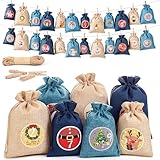 QINJIEJIE Calendrier de Noël 2025 - 24 sachets en toile de jute (15/18 cm) - À remplir s...