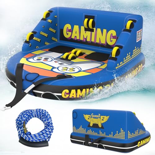 Boat Tube Towable Tubes for Boating: 2 Person Inflatable Water Tube for Boats to Pull - Water Sports Towables for Tubing - Dual Front and Back Tow Points Full Nylon Cover - Blue (GameOn with Rope)