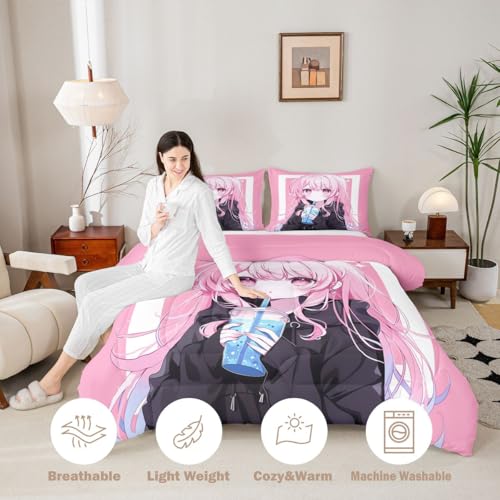 Image of Erosebridal 3D Japanese Kids Comforter Set | Anime Girl Drinking Milk Tea Bedding King,Cute Kawaii Girly Down Comforter Modern Fashion Aesthetic Duvet Set for Bedroom