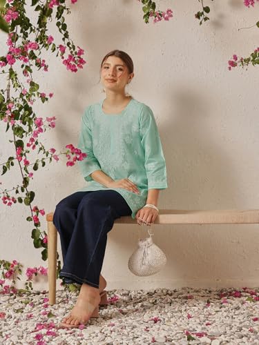 Image of Ada Hand Embroidered Lucknow Chikankari Straight Round Neck Cotton Blend Short Kurti Tunic Top for Women A911333