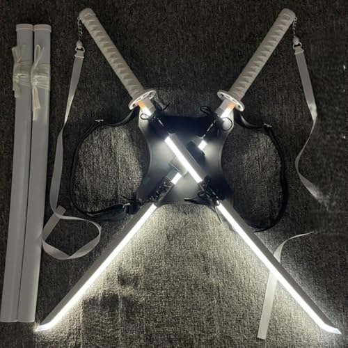 デッドプール 双剣ストラップ サムライブレード 忍者 コス パフォーマンス 小道具 木刀 デッドプール 風 双刀 背中ホルダー付き 忍者剣 おもちゃ コスプレ 武器セット ヒーロー アニメ装備 コスチューム小道具(75cm、二丁の刀) (白色光*2+ストラ