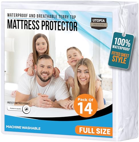 Image of Full Size Mattress Protector Waterproof 14 Pack, Premium 200 GSM Terry Mattress Cover, Soft & Breathable Bed Cover, Fitted Sheet Style Stretchable Deep Pockets 15 inch by Utopia Bedding (White)
