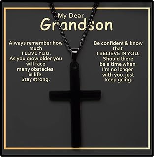 To My Grandson Necklace - 14K White Gold Plated Stainless Steel Cross Necklace for Men - Best Grandson in Army Necklace from Grandma and Grandpa - Birthday Gifts for Grandson from Grandparents with Message Card