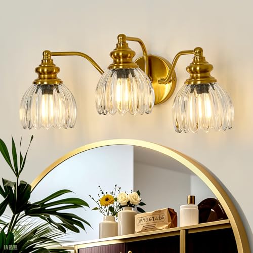 Image of Piepooye Vintage Bathroom Light Fixtures 3 Lights Gold Glass Vanity Light | E26 Bulb Indoor Vanity Light Over Mirror Bedroom Kitchen Farmhouse Living Room