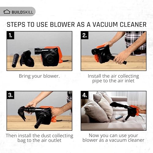 Image of Buildskill Air Blower for Cleaning Dust, Dust Cleaner for Home Cleaning, Sofa Cleaning Machine, Car Dust Cleaner, Leaf Blower, Blower and Vacuum Cleaner 2 in 1, Powerful Motor, Air Power (Pack of 1)