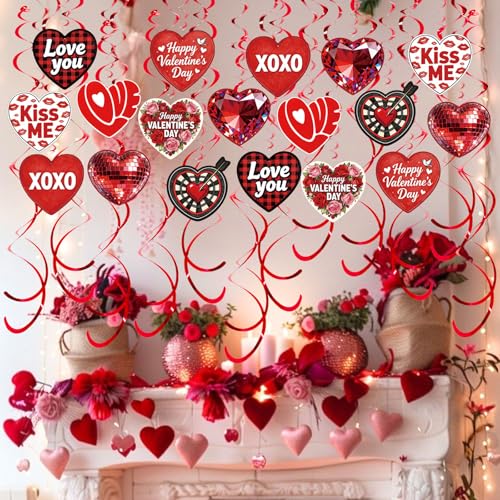 Image of 48 Pcs Red Heart Hanging Decor Set with Diamond, Disco Ball, Dartboard & XOXO Designs - Romantic Swirl Streamers for Valentine's Party, Anniversary, Holiday Celebration