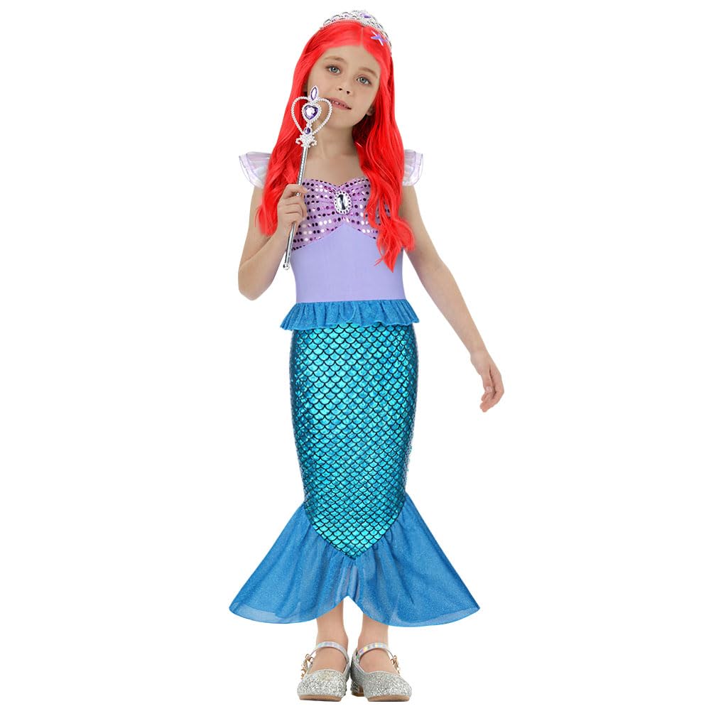 AOOWU Meerjungfrau Kostüm Mädchen, Set Meerjungfrau Kleid Mädchen mit Perücke, Lila Krone und Zepter, Kostüm Kinder für Karneval Party Halloween Weihnachten Cosplay