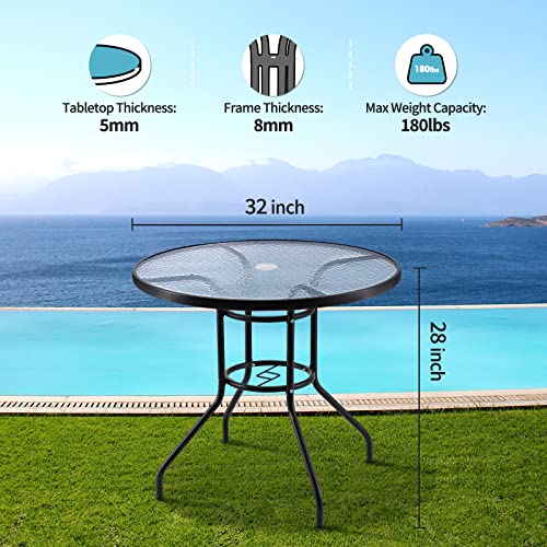 Jinlly 32 Inch Patio Table With Umbrella Hole, Round Glass Patio Table, Outdoor Bistro Dining Tables With Tempered Glass Tabletop And Metal Frame For Outside, Garden, Balcony #TOP2