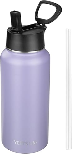 Botella de agua aislada con popote, botella de agua deportiva de acero inoxidable aislada al vacío de 32 onzas, mantiene el frío y el calor, botella