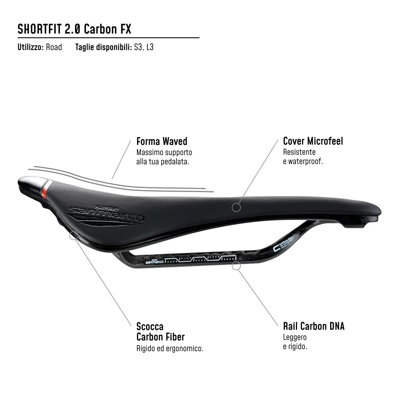 Selle San Marco SHORTFIT 2.0 Carbon FX - Sella per Bicicletta da Corsa, Telaio in Carbonio, Leggera e Performante