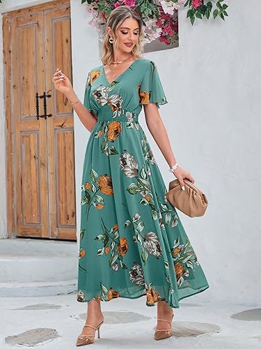 Image of Simplee Women's Boho Floral Maxi Dress Flowy Casual V Neck Short Sleeve Wedding Guest Holiday Beach Long Dress
