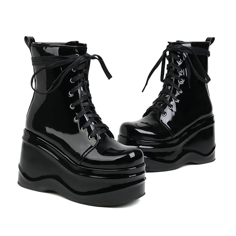 Womens Ankle Boots Lace Up Chunky Military Platform Shoes Wedge Heel Goth Mid Calf Combat Booties