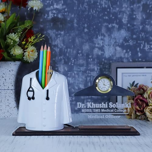Image of Doctor Coat Pen Stand with LED Name Plate, Clock & Wooden Base | Customized Desk Organizer for Doctors & Medical Aspirants | Apron Shape Pencil Holder with Stylish Name Engraved Plate