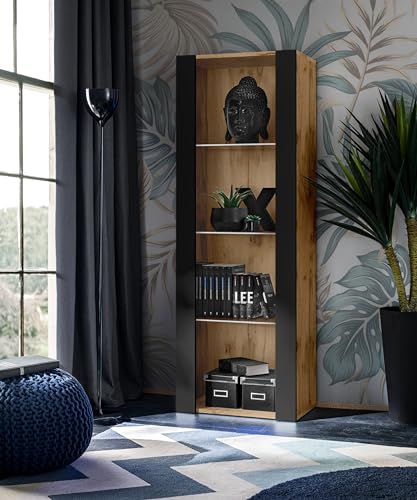 Komodee, Vitrine Schrank Tivoli, Schwarz/Wotan, Breite 55cm x Höhe 159cm x Tiefe 35cm, 3 Regalböden, Glassvitrine für Wohnzimmer, Schlafzimmer, Eingang