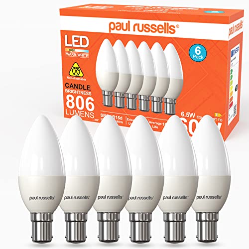 paul russells 6.5W LED Candle Light Small Bayonet Cap B15D, 60w Bulb, 806LM LED Bulbs, 3000K Warm White Lamps, Frosted C35 SBC Energy Saving Chandelier Lightbulbs, Pack of 6