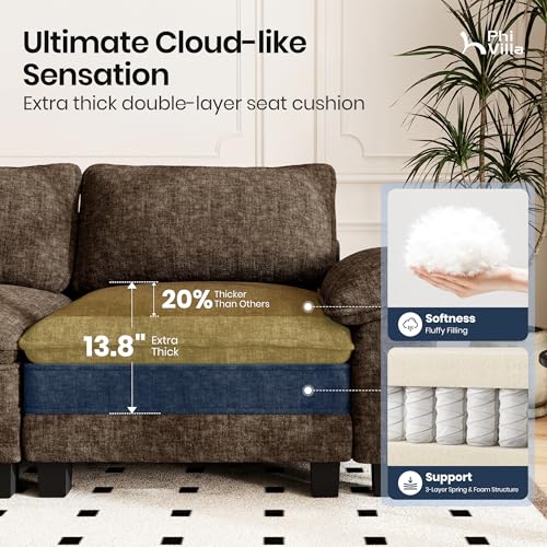 Image of PHI VILLA Oversized Single Sofa with Deep Seat, Armchair for Small Spaces Bedroom Reading Modern, 1 Seater Comfy Reading Accent Chair, Chenille Grayish Brown