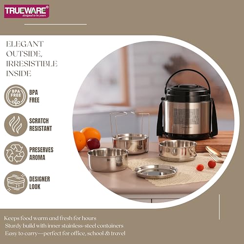 Image of Trueware Legend 3 Stainless Steel PU Insulated Hot Lunch Box with 3 Stainless Steel 300 ml Each, Hot and Fresh, Office Lunch Box