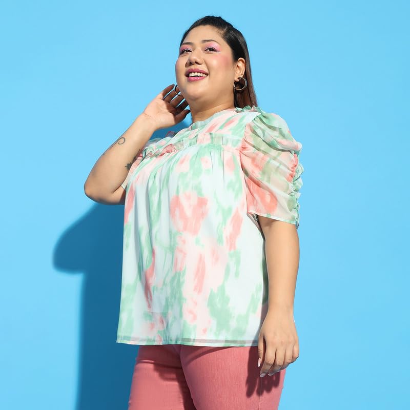 Image of oxolloxo Women Plus Size Round Neck Short Sleeve with Gather Pleates Ruffle Detail Top