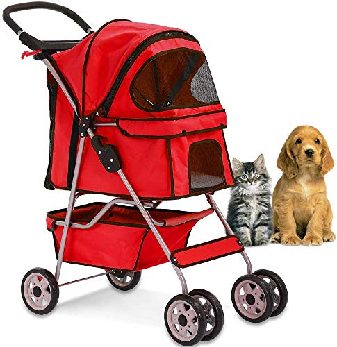 Warm House 4-Wheeled Double-Decker Pet Car Jogging Trolley Dog Cart, Suitable for Small