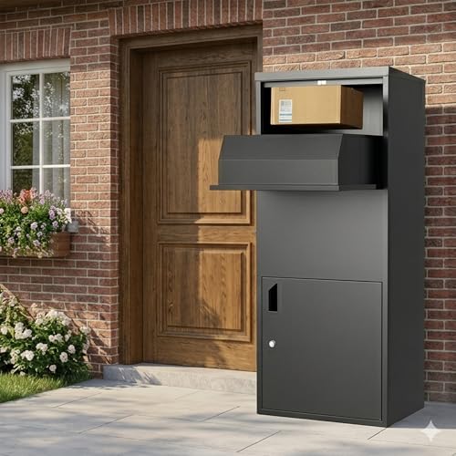 Image of Merapi Pre-Assembled Package Delivery Box, No-Install Parcel Drop Box, Weatherproof Anti-Theft Steel Design (Cast Iron Black)