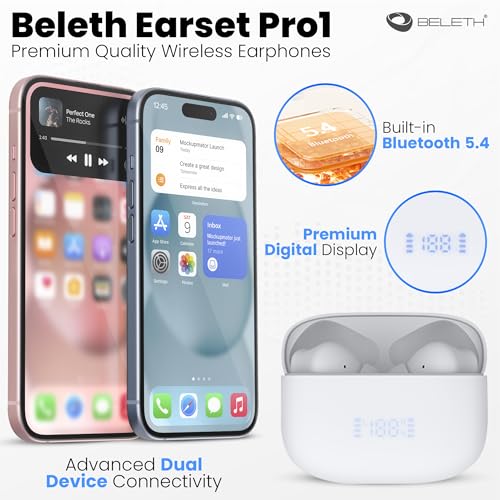 Image of Beleth Earset Pro1 Wireless Earbuds Bluetooth 5.4 Headphones, Dual Connectivity, 50H Playtime, ENC /ANC Noise Cancelling, Deep Bass, LED Display, Wireless Charging Case - White