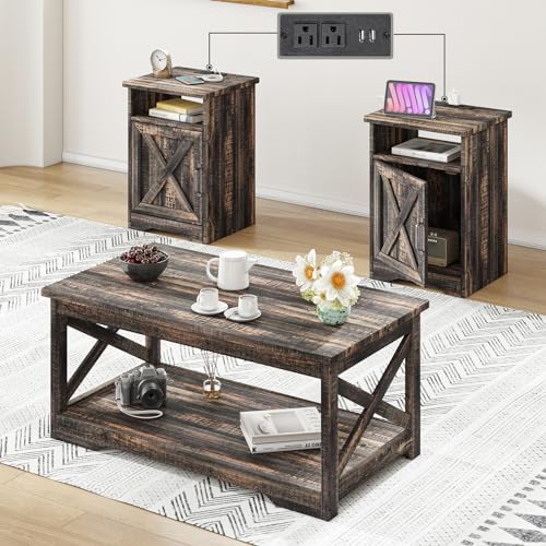 AMERLIFE - Juego de mesa de granja de 3 piezas incluye mesa de centro y dos mesas auxiliares, mesa auxiliar con estación de carga y puertos USB, para sala de estar, recámara, roble oscuro