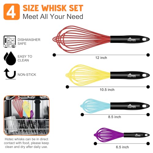 Image of HOTEC 4 Pieces Silicone Whisks Set, Wire Balloon Whisks for cooking Egg Beater, Non-slip Handle Whisk for Non-stick Cookware Perfect for Cooking, Stirring, Beating and Blending,Multicolor