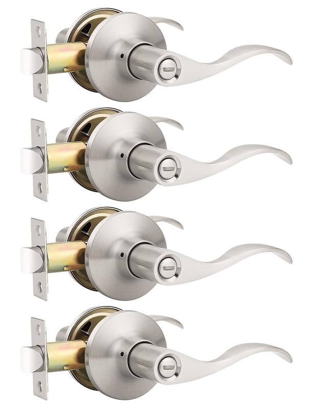 Image of Mengico 4 Pack Satin Nickel Privacy Door Lever, Modern Interior Door Knobs Locks for Bedroom and Bathroom, Heavy Duty Door Handle, Reversible Wave Lever Handle