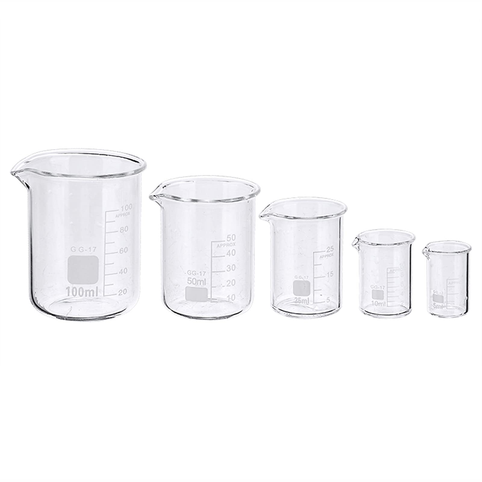 Vaso de precipitados experimental 5pcs / set Vaso de vidrio 5/10/25/50 / 100ml Taza de medición de laboratorio Cristalería para estudio escolar Laboratorio Juego de vasos de vidrio Laboratorio, horne